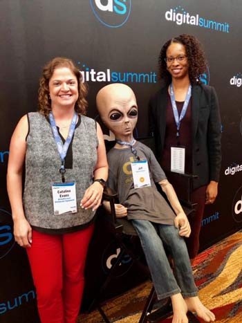 Catalina Evans and Cassandra J. take a #selfie break to pose with the digital marketing mascot Jeff. He’s out of this world, man!