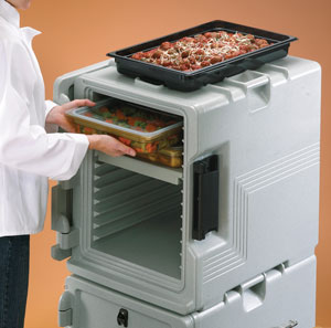 Hard, rotomolded insulated carrier can hold foods at consistent temperatures for 4 hours or more.