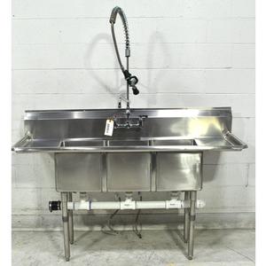 Used BK Industries 3 Compartment Sink 14"x16"x12" with S/s Legs Drainboard L&R - BKS-3-1416-12-12T