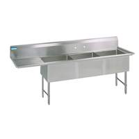 BK Resources 62"W (3) Compartment Sink with stainless steel Legs 15in Left Drainboard - BKS-3-15-14-15LS 