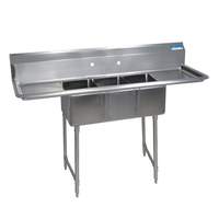 BK Resources (3) 12inx20inx12in Compartment Sink stainless steel Legs 12in Drainboard L&R - BKS-3-1220-12-12TS 