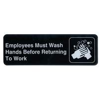 Winco 3in x 9in Employees Must Wash Hands Sign - Black Plastic - SGN-322 