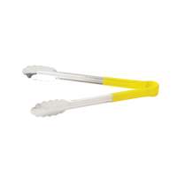 Winco 9" Stainless Steel Utility Tongs w/ Yellow Plastic Handle - UT-9HP-Y