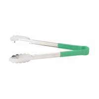 Winco 12" Stainless Steel Utility Tongs w/ Green Plastic Handle - UT-12HP-G