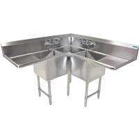 BK Resources 3 Compartment 18x18x14 Corner Sink with (2) 24in Drainboards - BKCS-3-18-14-24TS 