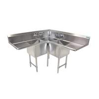 BK Resources 57"W x 57"D (3) Compartment Corner Sink with (2) Drainboards - BKCS-3-18-14-18TS 