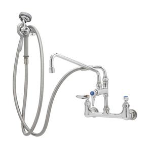 T&S Brass Wall Mount Mixing Faucet w/ Spray Hose & 12" Swing Nozzle - B-0175