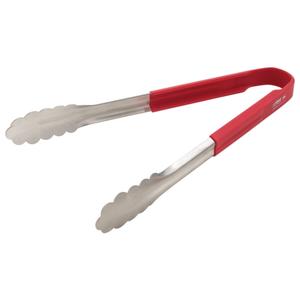 Winco 12" Stainless Steel Utility Tongs w/ Red Silicone Handle - UTSH-12R