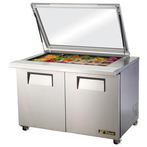 True 48" Refrigerated 18 Pan Glass Mega Top Sandwich Prep Table - TSSU-48-18M-B-FGLID-HC
