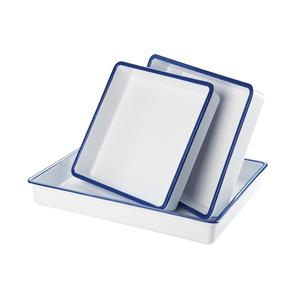 Cal-Mil 3465-15 15in x 12in x 2"H White Melamine Serving Tray with Blue Rim 