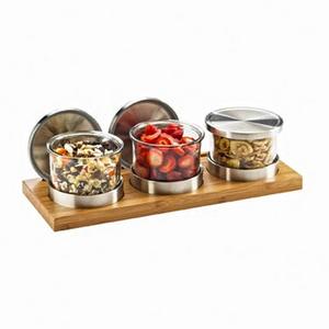 Cal-Mil 1850-4-60 Bamboo 16in x 6in Stainless Steel Cold Condiment Holder 