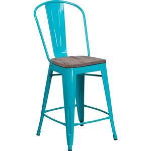 Flash Furniture ET-3534-24-CB-WD-GG Teal Blue Counter Height Steel Bar Stool with Wood Seat