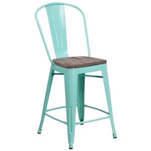 Flash Furniture ET-3534-24-MINT-WD-GG Mint Green Counter Height Steel Bar Stool with Wood Seat