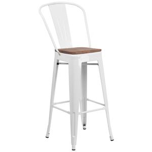 Flash Furniture CH-31320-30GB-WH-WD-GG 30"H White Curved Vertical Back Metal Bar Stool w/ Wood Seat
