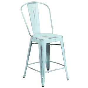 Flash Furniture ET-3534-24-DB-GG 24"H Distressed Dream Blue Curved Slat Back Metal Barstool