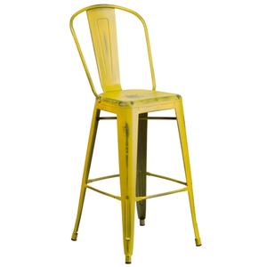 Flash Furniture ET-3534-30-YL-GG 30"H Distressed Yellow Curved Slat Back Metal Barstool