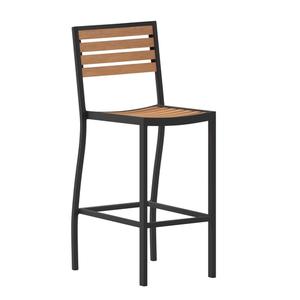 Flash Furniture XU-DG-HW6036B-GG Lark Black Aluminum Teak Faux Wood Slat Back & Seat Barstool