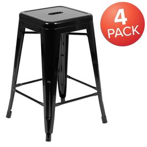 Flash Furniture 4-ET-31320-24-BK-R-GG Cierra 24"H Black Metal Indoor Stacking Bar Stool - Set of 4