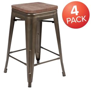 Flash Furniture 4-ET-31320W-24-GN-R-GG Cierra 24"H Gray Metal Indoor Barstool w/ Wood Seat - 4 Pack