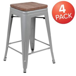 Flash Furniture 4-ET-31320W-24-SV-R-GG Cierra 24"H Silver Metal Indoor Barstool with Wood Seat- 4 Pk 