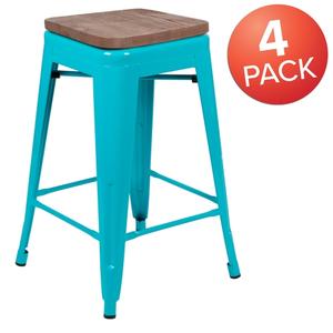Flash Furniture 4-ET-31320W-24-TL-R-GG Cierra 24"H Teal Metal Indoor Barstool with Wood Seat- 4 Pk 