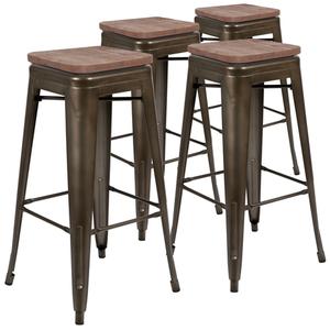 Flash Furniture 4-ET-31320W-30-GN-R-GG Cierra 30"H Gray Metal Indoor Barstool with Wood Seat - 4 Pk 