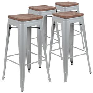 Flash Furniture 4-ET-31320W-30-SV-R-GG Cierra 30"H Silver Metal Indoor Barstool w/ Wood Seat - 4 Pk
