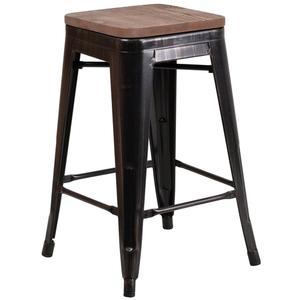 Flash Furniture CH-31320-24-BQ-WD-GG 24"H Backless Black & Gold Metal Counter Stool w/ Wood Seat