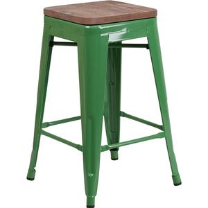 Flash Furniture CH-31320-24-GN-WD-GG 24"H Backless Green Metal Counter Barstool w/ Wood Seat