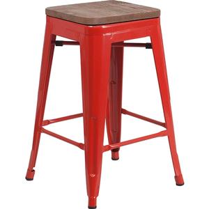 Flash Furniture CH-31320-24-RED-WD-GG 24"H Backless Red Metal Counter Barstool w/ Wood Seat