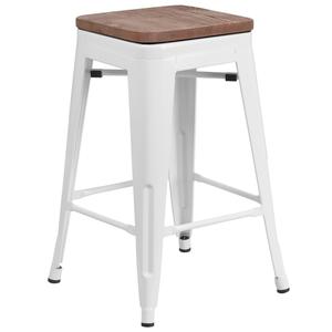 Flash Furniture CH-31320-24-WH-WD-GG 24"H Backless White Metal Counter Barstool w/ Wood Seat
