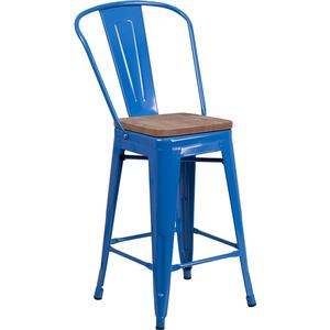 Flash Furniture CH-31320-24GB-BL-WD-GG 24"H Blue Metal Curved Vertical Back Barstool w/ Wood Seat