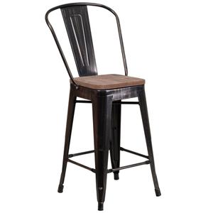 Flash Furniture CH-31320-24GB-BQ-WD-GG 24"H Black Antique Gold Metal Back Barstool w/ Wood Seat