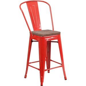 Flash Furniture CH-31320-24GB-RED-WD-GG 24"H Red Metal Curved Vertical Back Barstool w/ Wood Seat