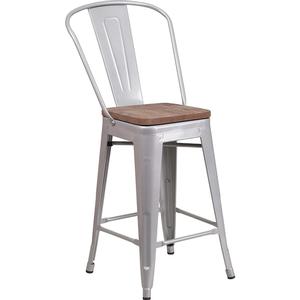 Flash Furniture CH-31320-24GB-SIL-WD-GG 24"H Silver Metal Curved Vertical Back Barstool w/ Wood Seat