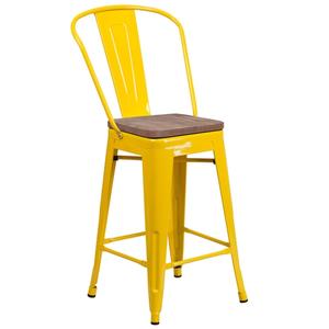 Flash Furniture CH-31320-24GB-YL-WD-GG 24"H Yellow Metal Curved Vertical Back Barstool w/ Wood Seat