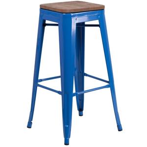 Flash Furniture CH-31320-30-BL-WD-GG 30"H Backless Blue Metal Barstool w/ Wood Seat