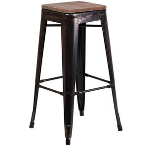 Flash Furniture CH-31320-30-BQ-WD-GG 30"H Backless Black Antique Gold Metal Barstool w/ Wood Seat