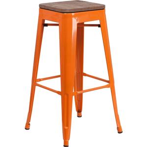 Flash Furniture CH-31320-30-OR-WD-GG 30"H Backless Orange Metal Barstool w/ Wood Seat