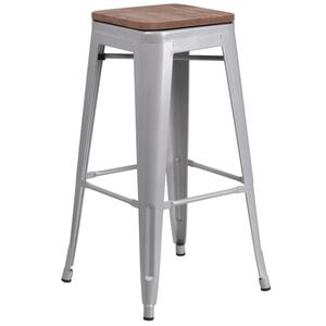 Flash Furniture CH-31320-30-SIL-WD-GG 30"H Backless Silver Metal Barstool w/ Wood Seat