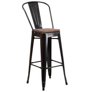 Flash Furniture CH-31320-30GB-BQ-WD-GG 30"H Black Antique Gold Metal Back Barstool w/ Wood Seat
