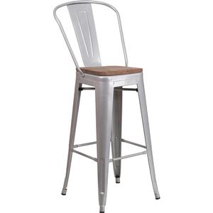 Flash Furniture CH-31320-30GB-SIL-WD-GG 30"H Silver Metal Curved Back Barstool w/ Wood Seat