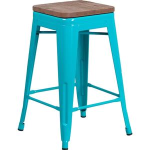 Flash Furniture ET-BT3503-24-CB-WD-GG 24"H Blue Stackable Backless Metal Barstool w/ Wood Seat