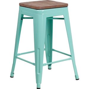 Flash Furniture ET-BT3503-24-MINT-WD-GG 24"H Mint Stackable Backless Metal Barstool w/ Wood Seat