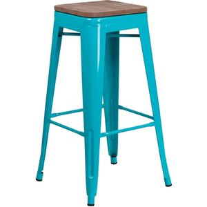 Flash Furniture ET-BT3503-30-CB-WD-GG 30"H Teal Stackable Backless Metal Barstool w/ Wood Seat