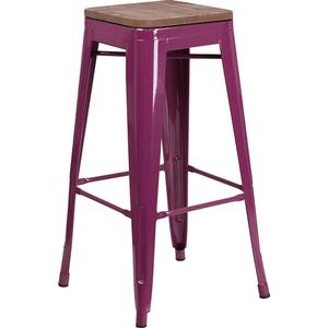 Flash Furniture ET-BT3503-30-PUR-WD-GG 30"H Purple Stackable Backless Metal Barstool w/ Wood Seat