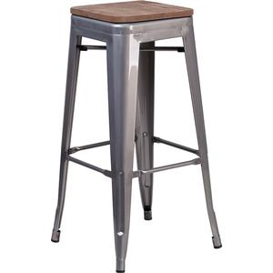 Flash Furniture XU-DG-TP0004-30-WD-GG 30"H Silver Stackable Backless Metal Barstool with Wood Seat 
