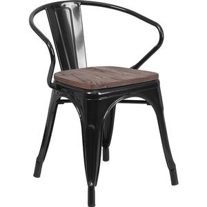 Flash Furniture CH-31270-BK-WD-GG Black Metal Bistro Style Stacking Armchair with Wood Seat Flash Furniture CH-31270-BK-WD-GG Black Metal Bistro Style Stacking Armchair with Wood Seat