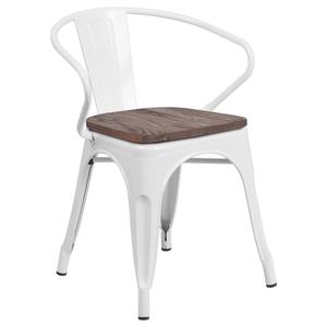 Flash Furniture CH-31270-WH-WD-GG White Metal Bistro Style Stacking Armchair with Wood Seat Flash Furniture CH-31270-WH-WD-GG White Metal Bistro Style Stacking Armchair with Wood Seat