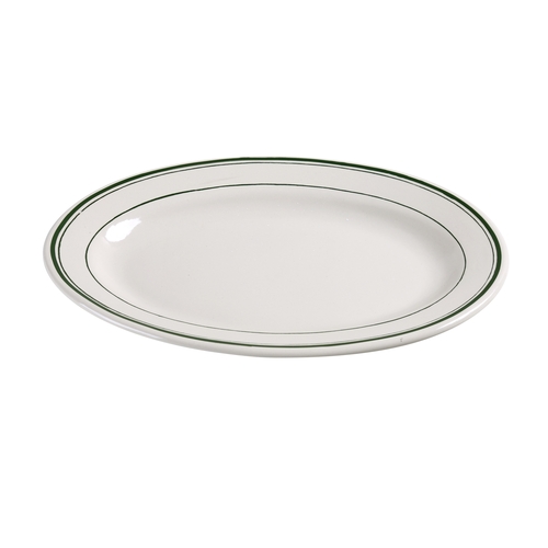 Yanco China GB-12 Green Band American White Ceramic 10.4" x 7.5" Oval Platter